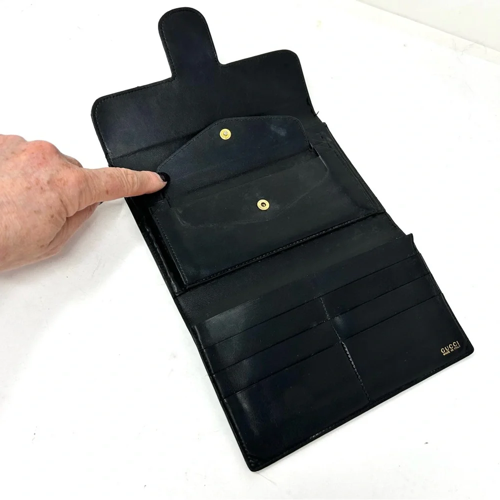 GUCCI horsebit black leather trifold vintage wallet, made in Italy